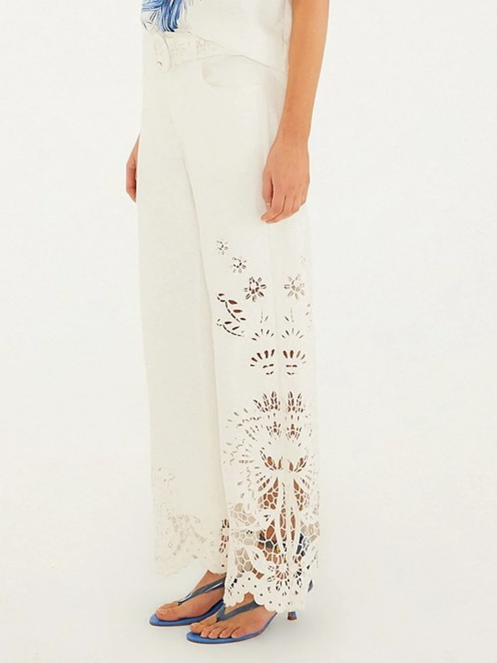 Farm Rio High Rise Embroidered Eyelet off-white Denim Wide Leg Pants - size 26 - Picture 3 of 13